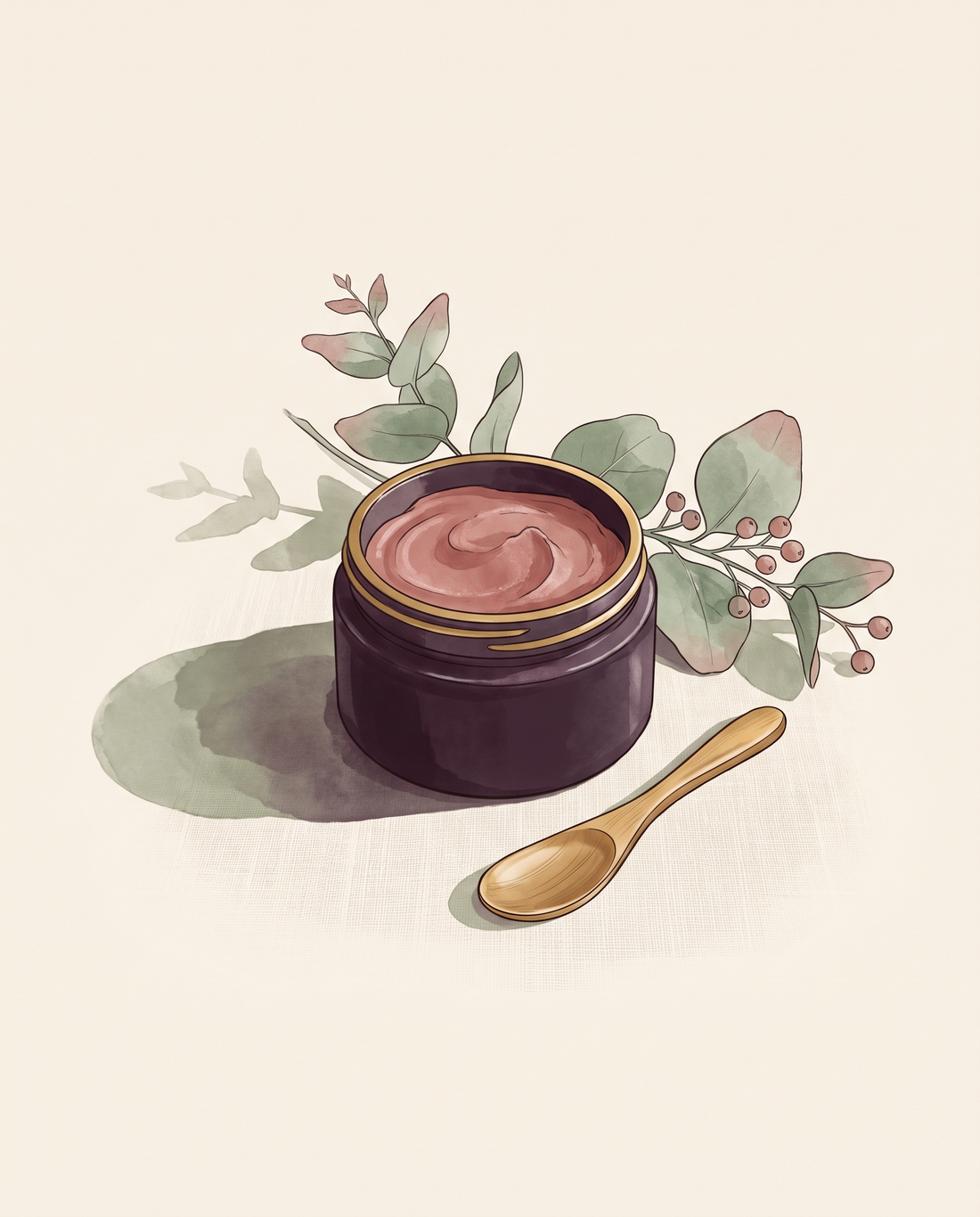 Illustrated jar of rich body butter with a wooden spatula and a sprig of greenery on an ivory background, symbolizing a calming pregnancy skincare routine